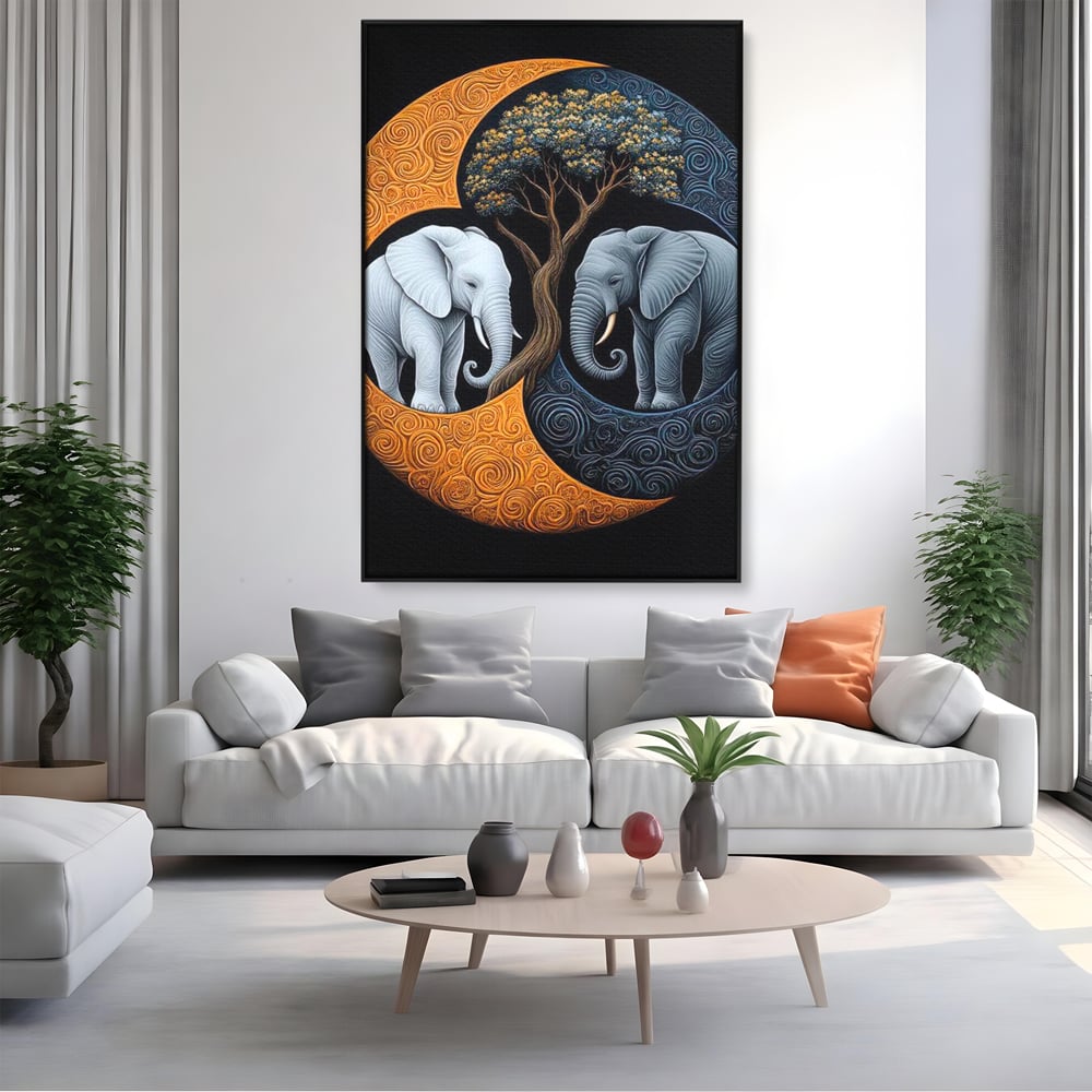 Tablou canvas cu tablou canvas cu elefanti si yin si yang, in rama de aluminiu negru, pe perete intr-un living